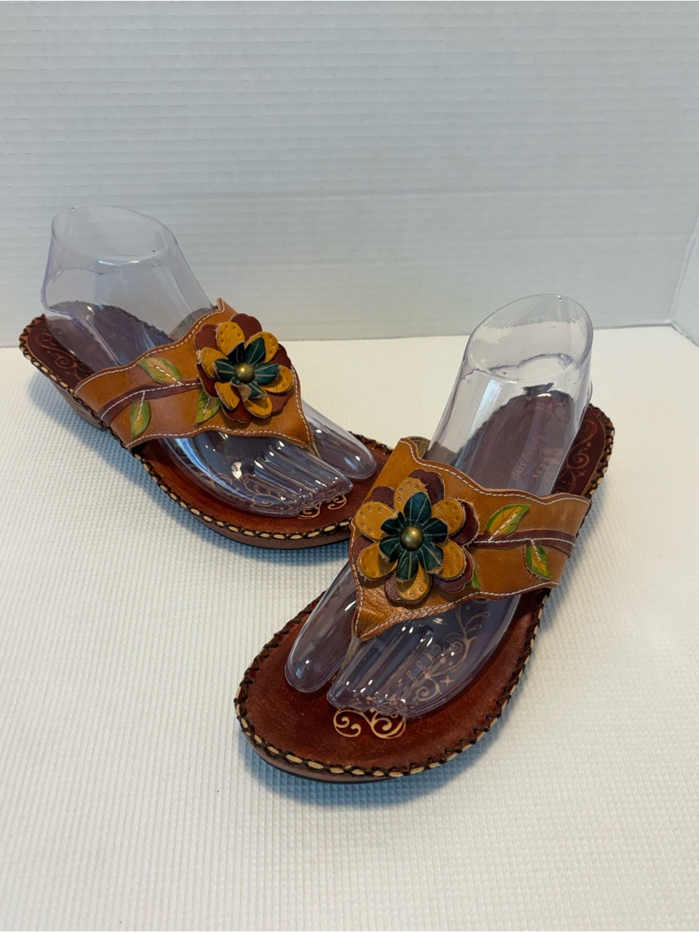 Spring Step Brown Leather Floral Thong Sandals with Green & Yellow Petals